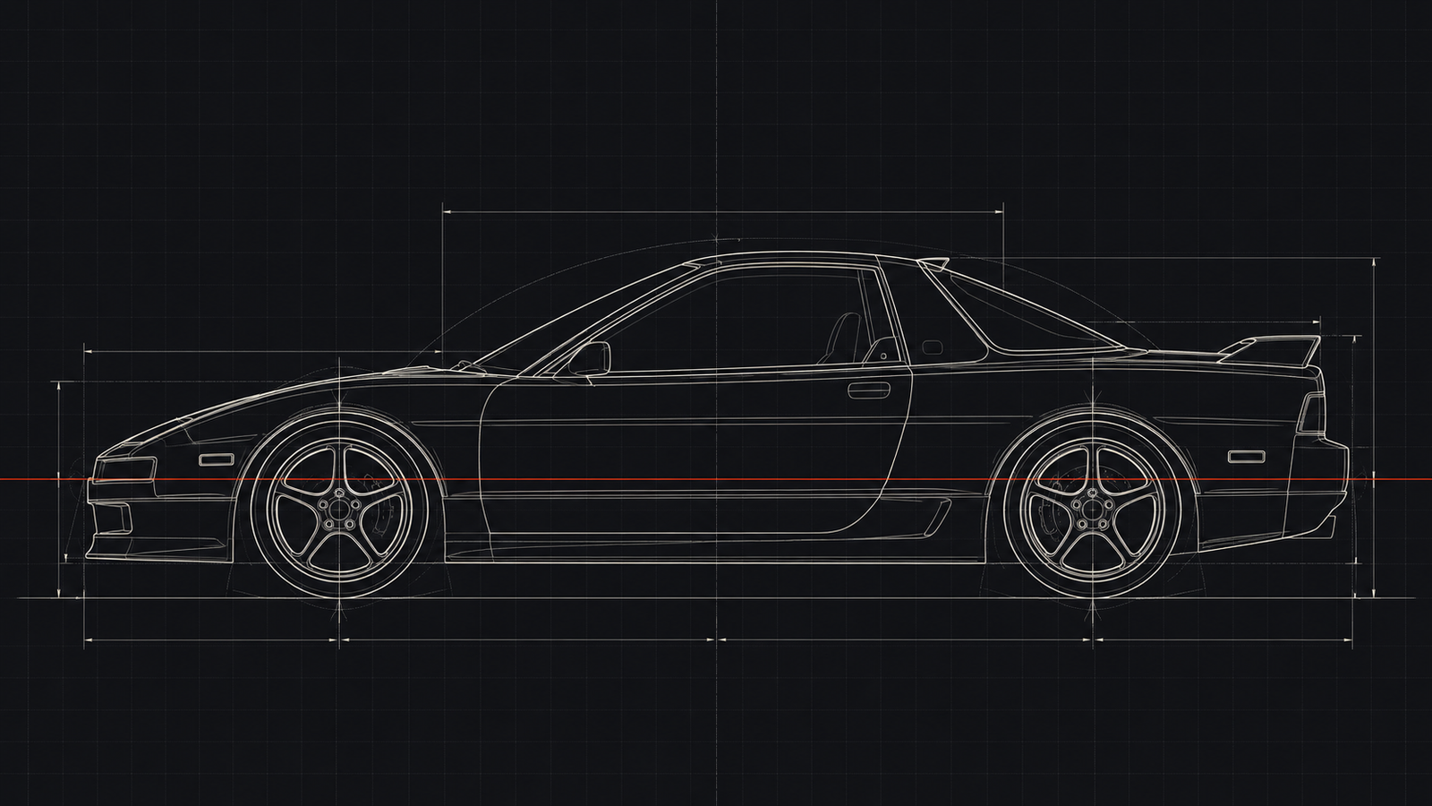 Technical line drawing of a Japanese sports coupe
