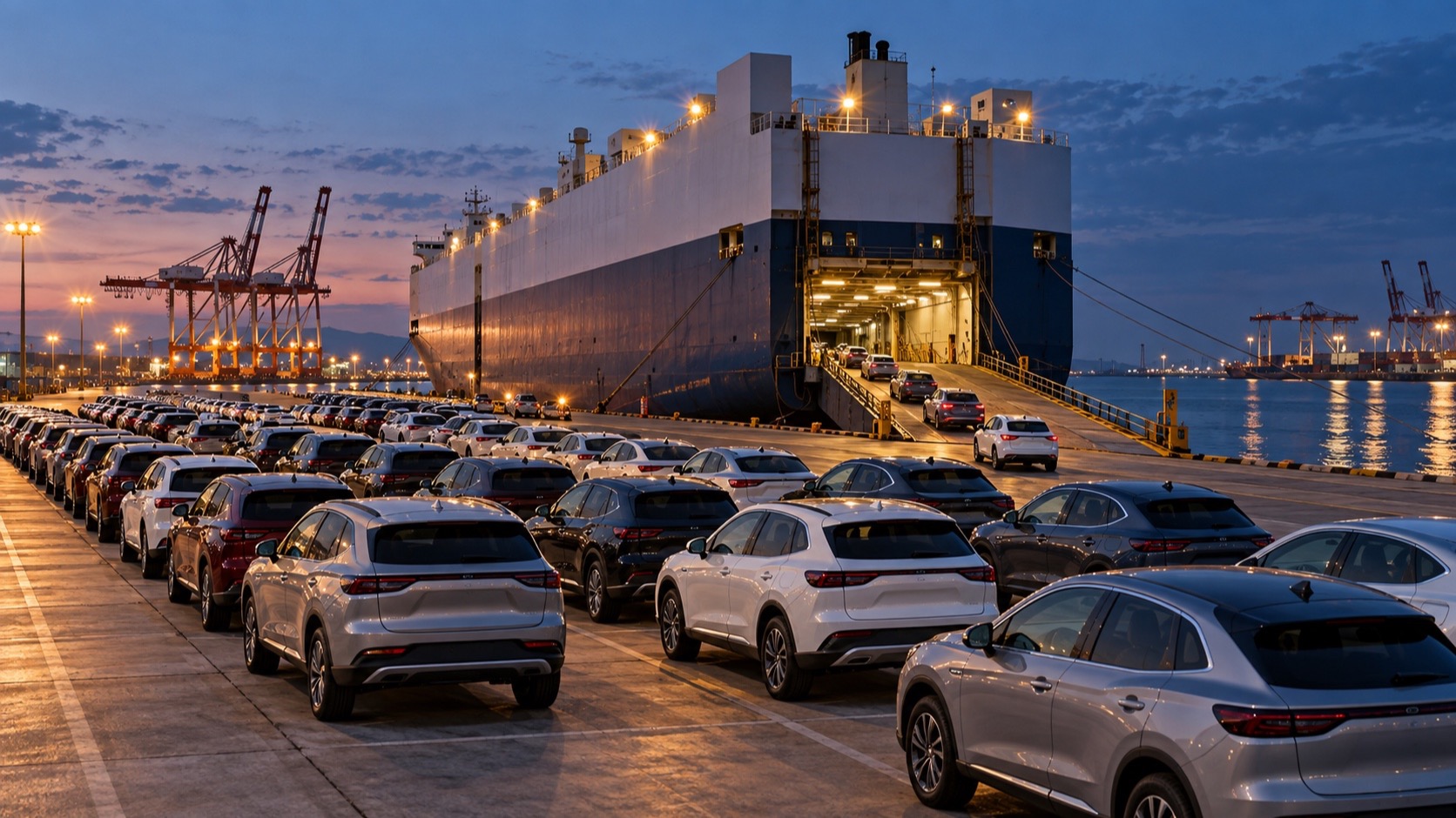 Cars lined up on the quay beside a car carrier at a Japanese port